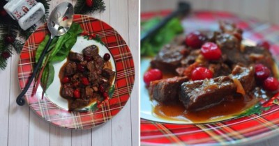 Телятина тушенная в пиве с клюквой и вялеными помидорами