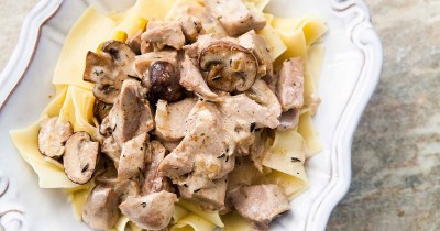 Индейка с шампиньонами в сметане на сковороде