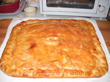 Тесто разделить :2/3 на низ, 1/3 на верх. Остальное, как всегда при выпечке пирогов : на нижний слой лук, затем рыба,опять лук,рыба. На верхний слой разбросать кусочками сливочное масло и закрыть верхним слоем. Не забыть проткнуть его вилочкой.