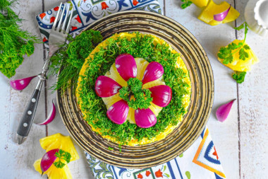 Салат с копченой грудкой ананасами и сыром Салат с копченой грудкой ананасами и сыром