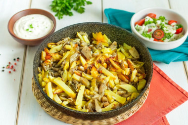 Жареная картошка с вешенками на сковороде Жареная картошка с вешенками на сковороде