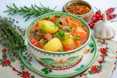 Шурпа из говядины в казане на плите Шурпа из говядины в казане на плите