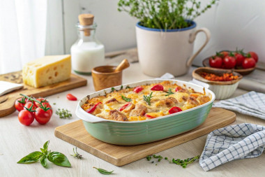 Запеканка картофельная с курицей помидорами и сыром Запеканка картофельная с курицей помидорами и сыром
