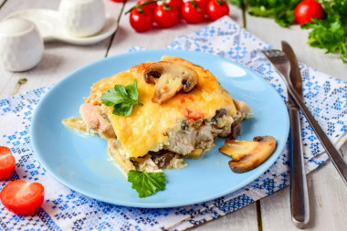 Грибы в духовке с сыром и курицей Грибы в духовке с сыром и курицей