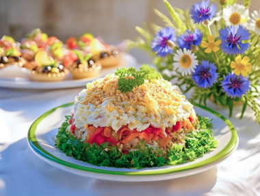 Мимоза салат с красной рыбой слоями Мимоза салат с красной рыбой слоями