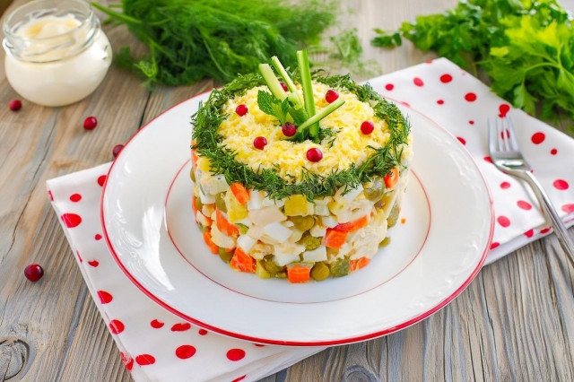 Салат оливье с курицей классический простой Салат оливье с курицей классический простой