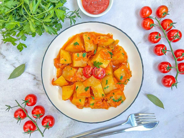 Тушеная картошка с томатной пастой на сковороде Тушеная картошка с томатной пастой на сковороде