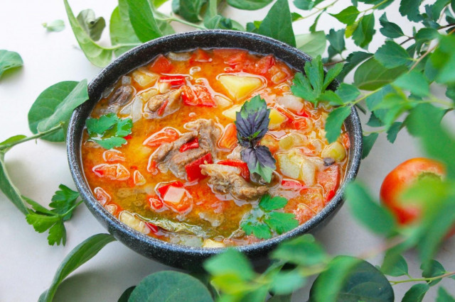 Густой суп из домашней утки с овощами на костре