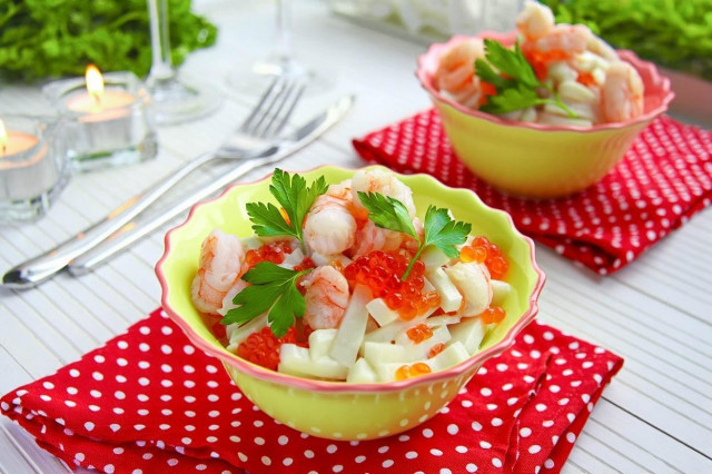 Салат креветки кальмары красная икра Салат креветки кальмары красная икра