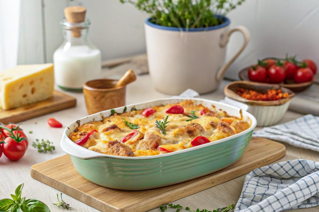 Запеканка картофельная с курицей помидорами и сыром Запеканка картофельная с курицей помидорами и сыром