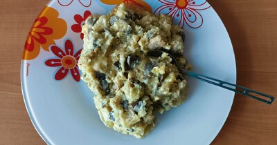 картофельное пюре со свининой, грибами и сыром