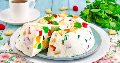 Торт без выпечки Битое стекло с желе и печеньем