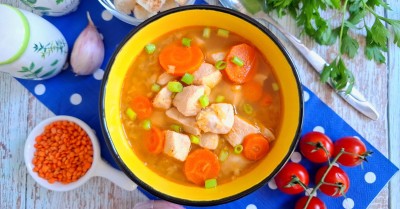Суп без картошки с курицей и чечевицей