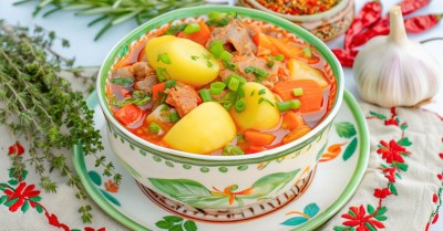 Шурпа из говядины в казане на плите