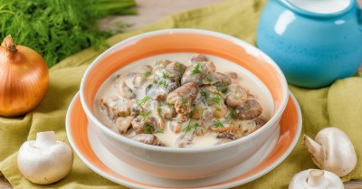 Куриные сердечки с грибами в сметане