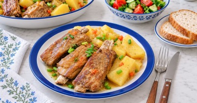 Тушеные свиные ребрышки в мультиварке с картошкой