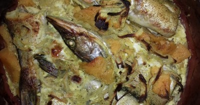 Щука запеченная в кефире с тыквой