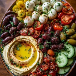 Mediterranean Mezze Platter with Hummus, Olives, and Burrata