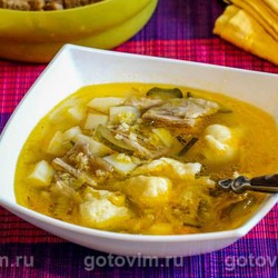 Мясной рассольник с говяжьими ребрышками, пшеном и галушками. Рецепт с фото