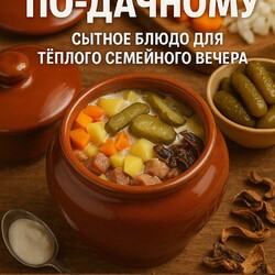 Жаркое в горшочках — мясо, картоха, солён огурец...