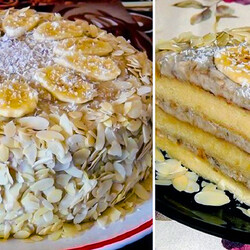 Вкуснейший нежный бисквитный торт с бананово-молочной начинкой!