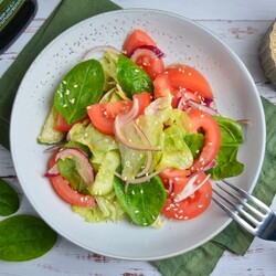 Зеленый салат с огурцами, помидором, шпинатом и фиолетовым луком