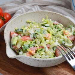 Салат из пекинской капусты, огурцов, помидор, лука и мметаны