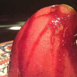 Red Wine Poached Pears with Chocolate Filling