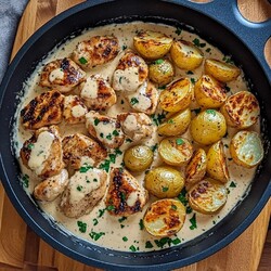 Creamy Garlic Chicken with Roasted Baby Potatoes - Recipesreverie