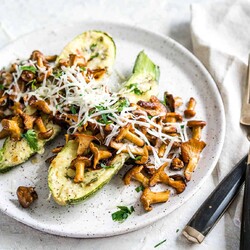 Cheese Stuffed Zucchini Boats with Chanterelle Mushrooms