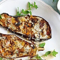 Mediterranean Couscous Stuffed Eggplant with Tahini sauce recipe