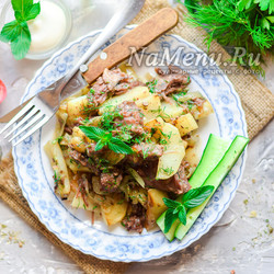 Жареная картошка с тушенкой на сковороде