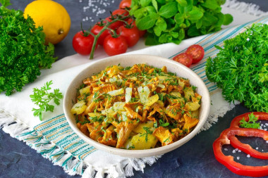Жареная картошка с лисичками и луком на сковороде