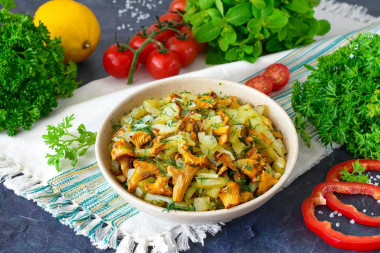 Жареная картошка с лисичками и луком на сковороде