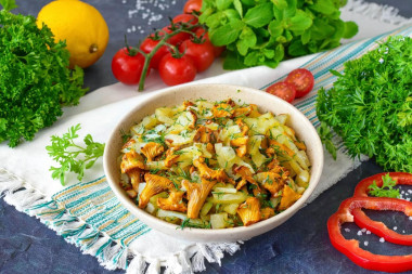 Жареная картошка с лисичками и луком на сковороде