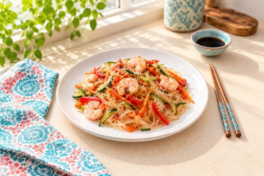 Фунчоза с креветками и овощами