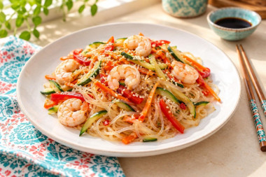 Фунчоза с креветками и овощами