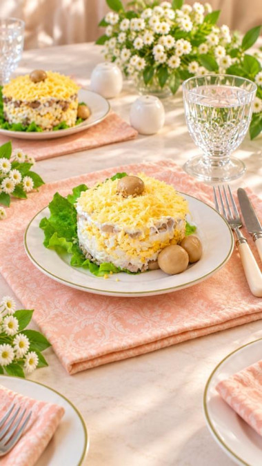 Салат курица с грибами и сыром слоями