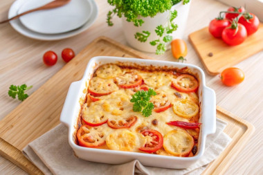Запеканка с макаронами и помидорами с сырной корочкой