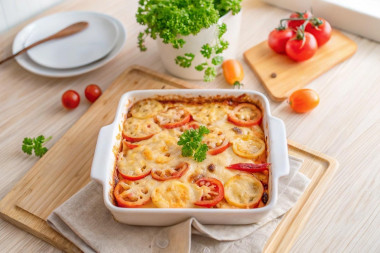 Запеканка с макаронами и помидорами с сырной корочкой