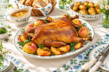 Запеченная утка с яблоками в рукаве