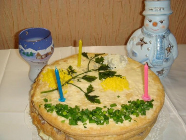 Закусочный торт Наполеон с сардинами и плавленным сыром