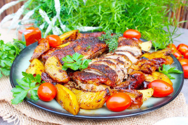 Утиная грудка с яблоками и картофелем в духовке