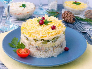 Салат с рисом и рыбными консервами слоеный