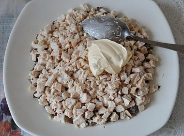 Рецепт - Салат с куриным филе, ананасами, грибами и сыром - Шаг 8 -  Второй слой - курица и майонез. Если филе Вы варили без соли и специй, присолите и поперчите этот слой.