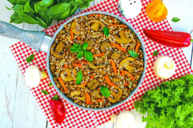 Гречка с мясом и грибами на сковороде