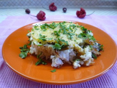 Филе курицы с зеленой стручковой фасолью и рисом в майонезе