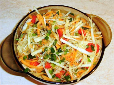 Рецепт - Сырой капустный салат с яблоками морковью и зеленым луком - Шаг 7 -  Все хорошенько перемешиваем в салатнице, солим по вкусу, поливаем растительным маслом (можно подогретым маслом полить - будет вообще вкуснотища) и подаем к столу.