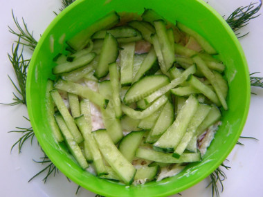 Рецепт - Салат с копченой белой рыбой и жареными шампиньонами - Шаг 6 -  На этот слой выкладываем нашинкованный тонко свежий огурчик. Также смажьте его, как и первый слой.