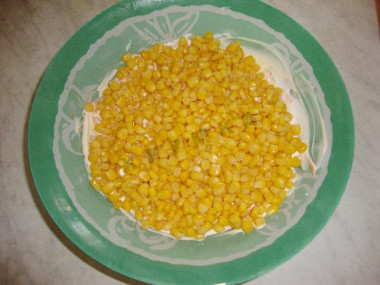 Рецепт - Салат с чипсами и копченой курицей - Шаг 7 -  Снова смазываем майонезом и выкладываем кукурузу